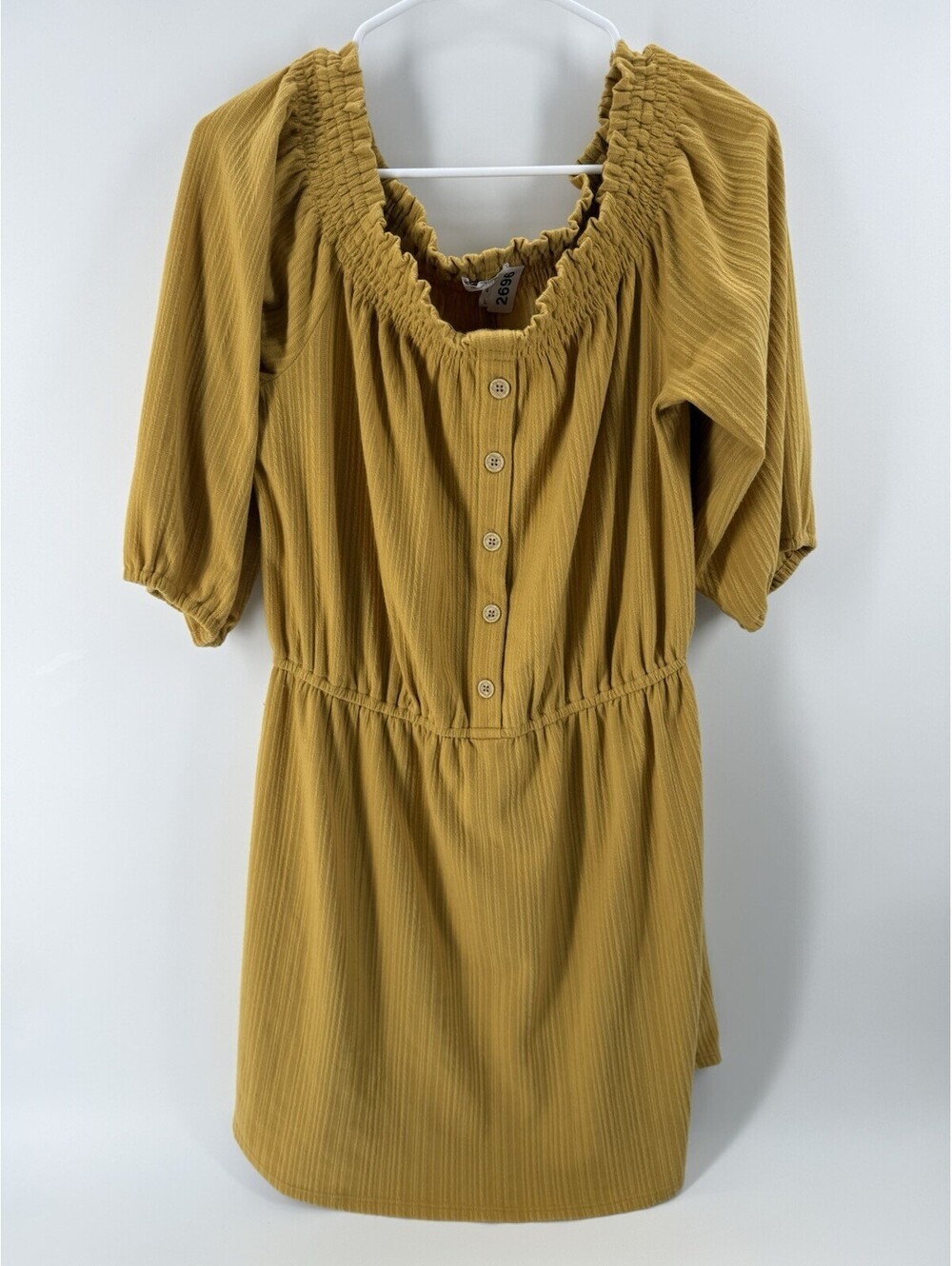 Maurice's Dress Peasant BOHO Smocked Large Mustard Yellow Off Shoulder Unique